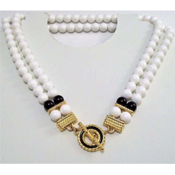 Monet White Black Bead Toggle Bar Necklace Choker Gold Vintage Double Strand - Picture 5 of 5